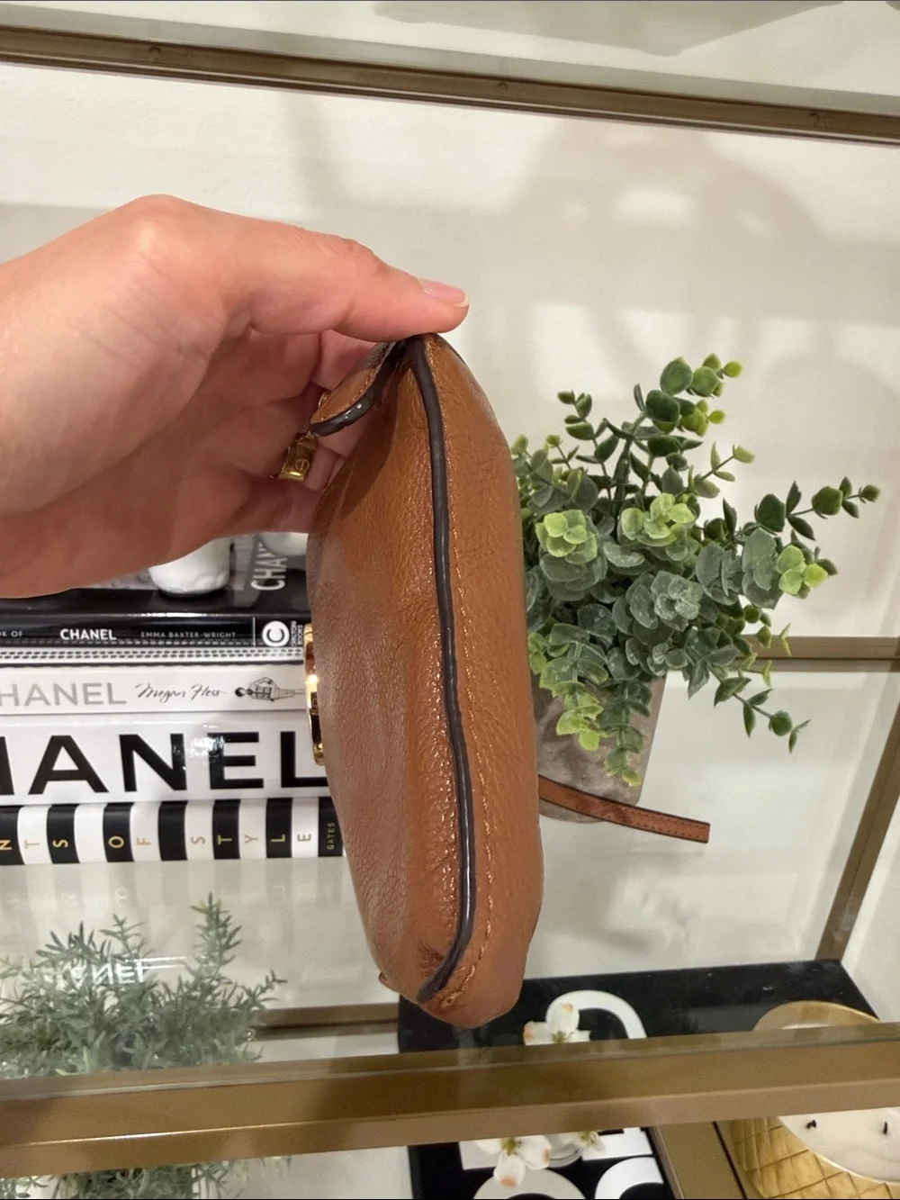 Michael Kors Cognac Leather Wristlet with Gold MK Emblem